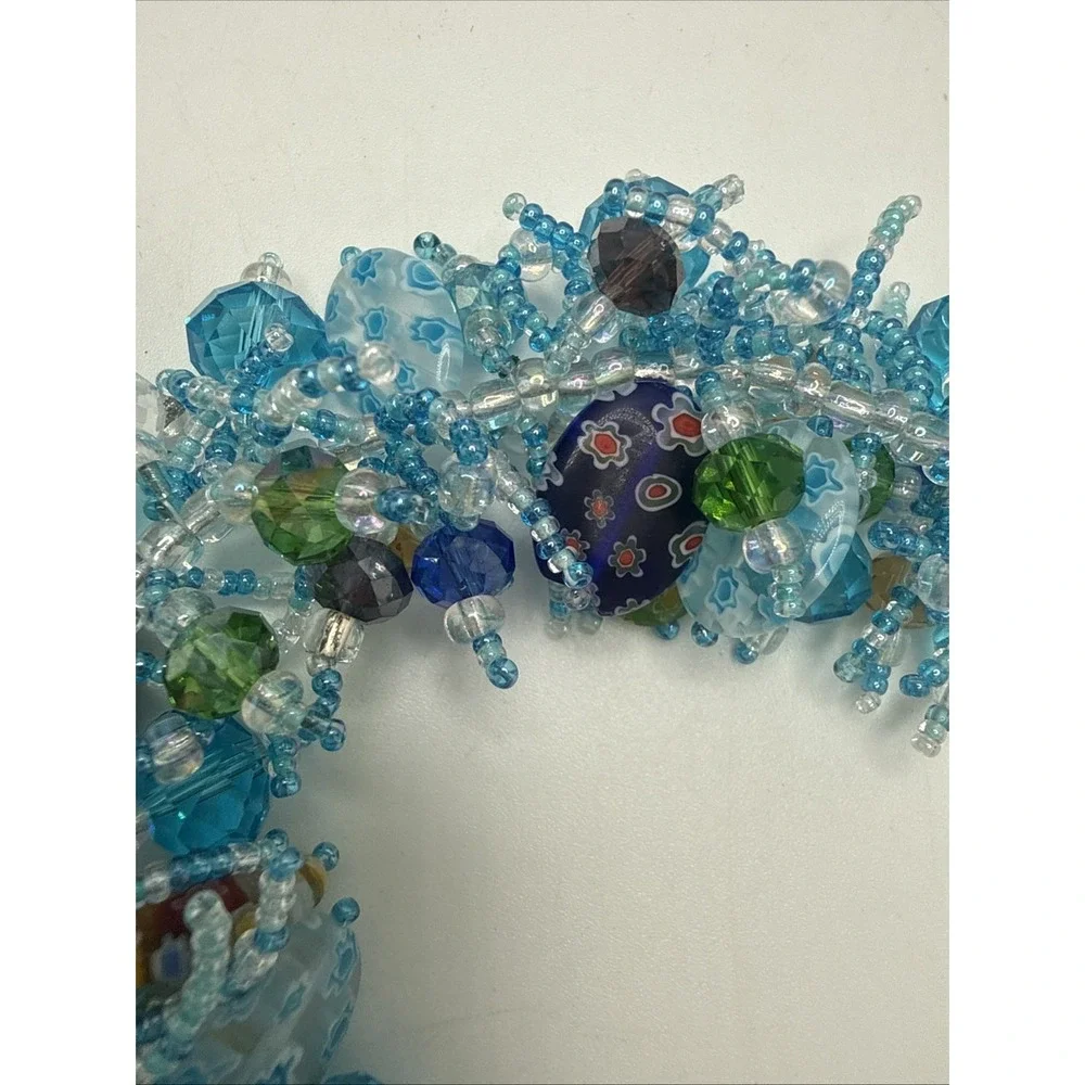 Vintage Murano Millefiori Glass Bead Cluster Bracelet Shaggy Loop Boho Teal Blue